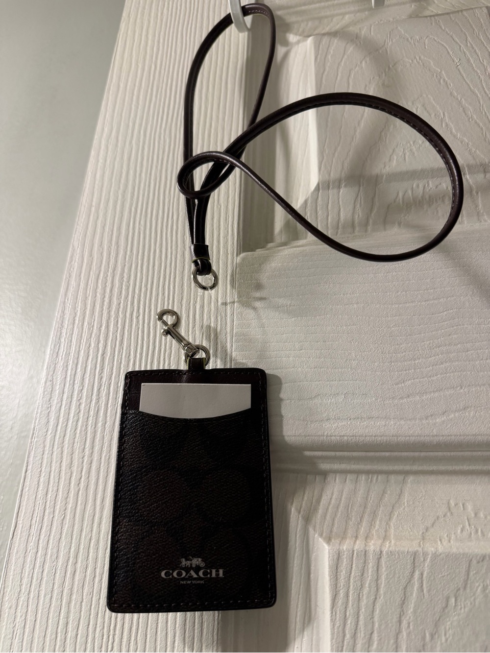 Coach Dark Brown Signature ID Lanyard Card Holder with Silver Hardware